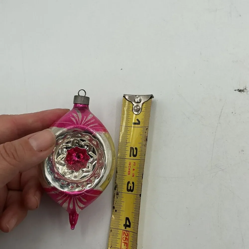 Vintage Mercury Glass Reflector Christmas Ornament Pink Silver Indent 4”